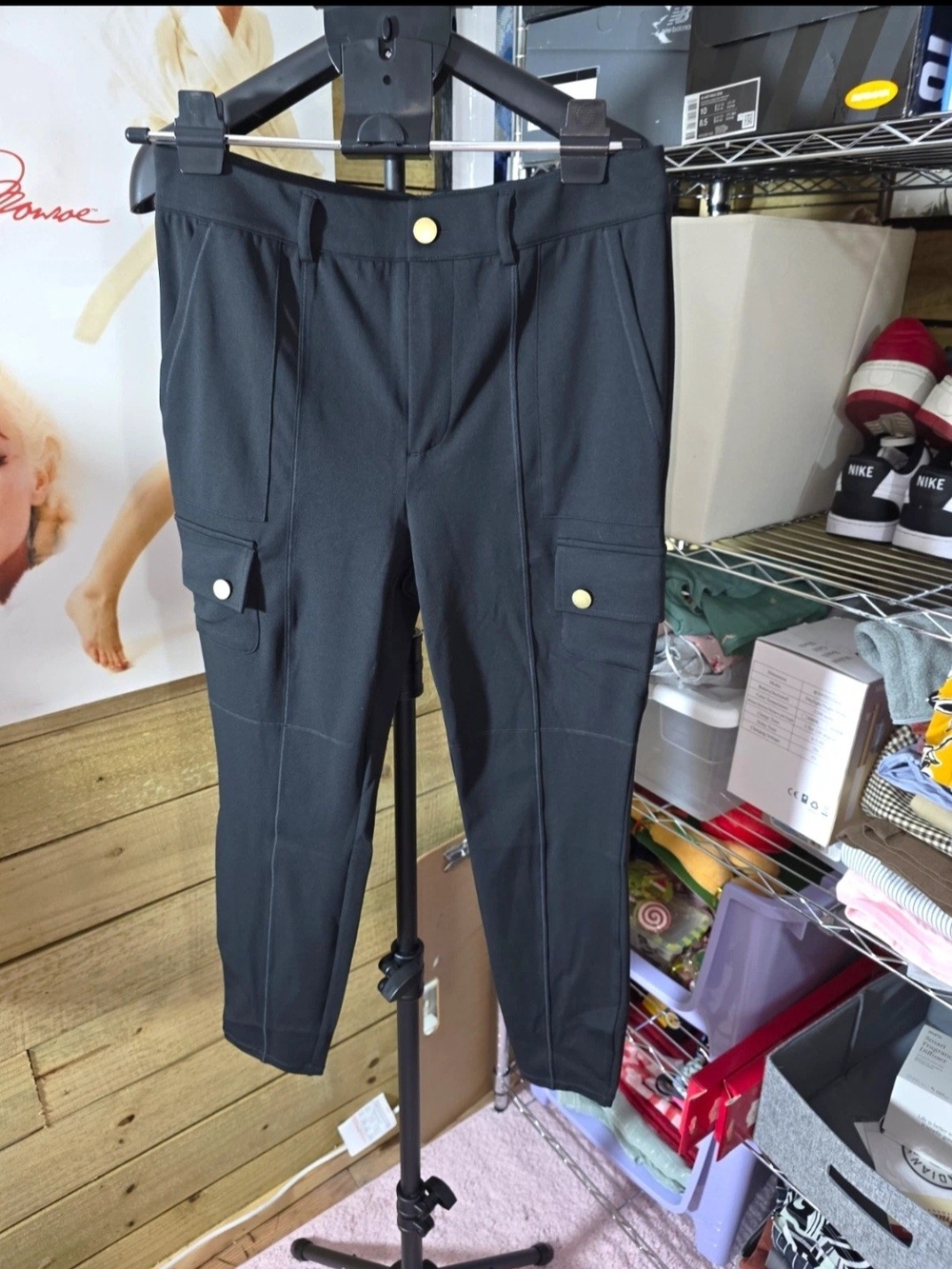 HALARA Black Ankle Cargo Pants with Gold Buttons